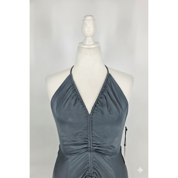 ASTR The Label Toledo Gray Satin Ruched Halter Maxi Dress Womens Sz Large NEW - Picture 3 of 13